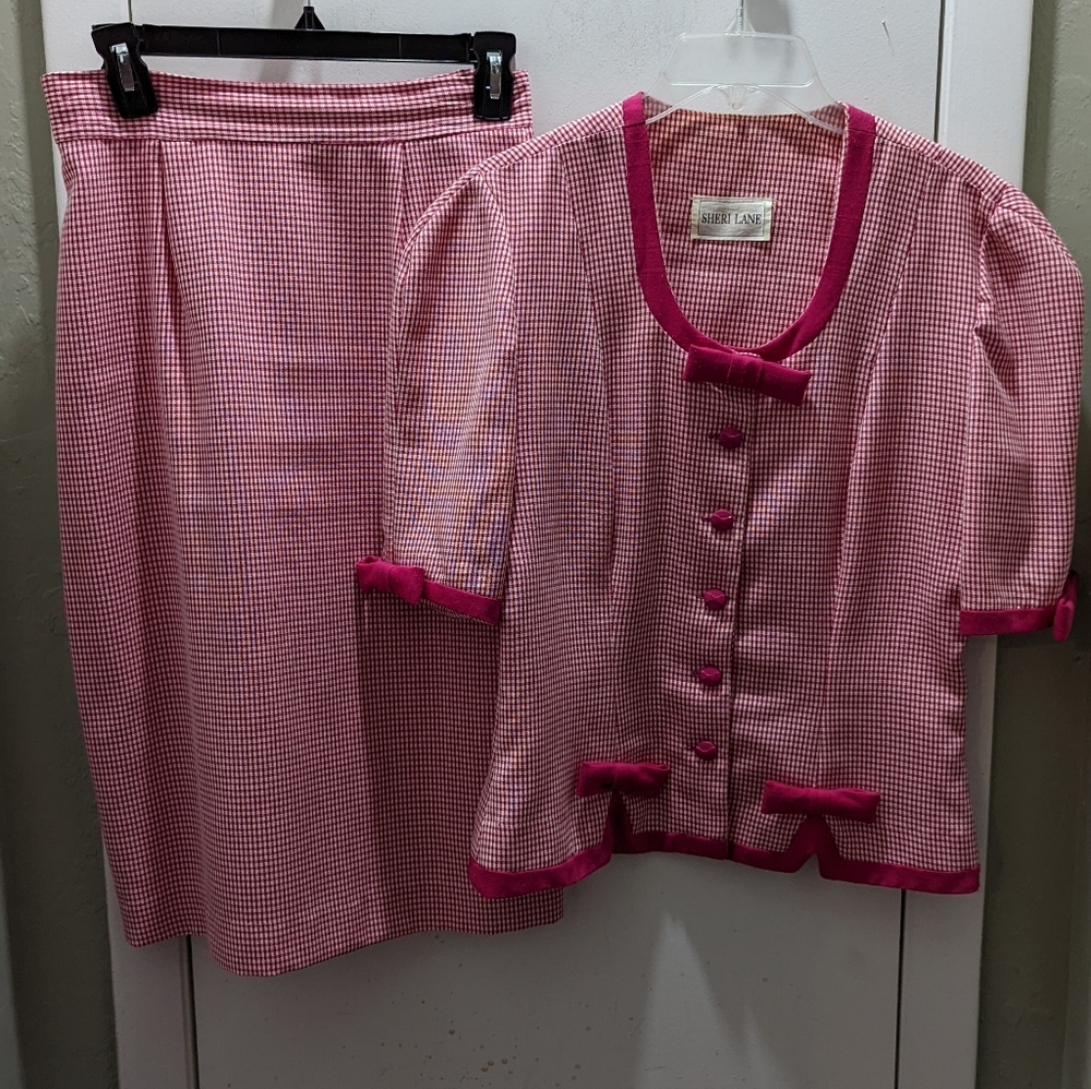Sheri Lane Pink and White Gingham Checkered 2 piece suit skirt size 10